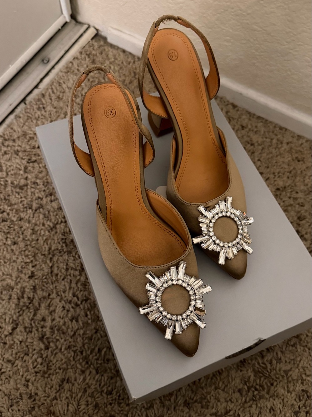 Embellished Slingback Pointed-Toe Heels in Taupe